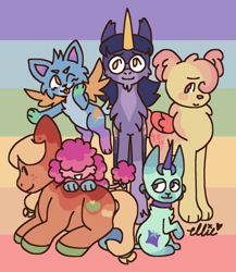 Size: 1727x1986 | Tagged: safe, artist:smile-files, imported from derpibooru, applejack, fluttershy, pinkie pie, rainbow dash, rarity, twilight sparkle, cat, dog, hybrid, pony, siamese cat, unicorn, alternate design, alternate universe, blue coat, blue fur, glasses, group, horn, mane six, multicolored background, orange coat, pink fur, purple coat, purple fur, redesign, smiling, yellow coat