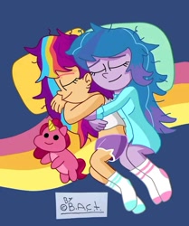 Size: 552x659 | Tagged: safe, artist:garybaldor, imported from derpibooru, izzy moonbow, sunny starscout, human, equestria girls, bed, clothes, dishevelled, duo, duo female, equestria girls-ified, eyes closed, female, g5, g5 to g4, generation leap, hug, lesbian, lying down, moonscout, on side, pajamas, pillow, plushie, shipping, shirt, sleeping, snuggling, socks