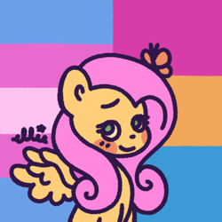 Size: 1280x1280 | Tagged: safe, artist:smile-files, imported from derpibooru, fluttershy, butterfly, pegasus, pony, bust, female, green eyes, icon, mare, pansexual pride flag, pink mane, pride, pride flag, smiling, solo, spread wings, transgender pride flag, wings, yellow coat