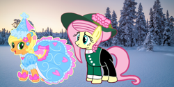 Size: 6912x3456 | Tagged: safe, artist:darlycatmake, edit, imported from derpibooru, applejack, fluttershy, earth pony, pony, look before you sleep, beautiful, beautiful eyes, beautiful hair, bow, christmas, clothes, dress, ear piercing, fancy, flower, flower in hair, froufrou glittery lacy outfit, happy, happy holidays, hat, hearth's warming eve, hennin, holiday, jewelry, merry christmas, miss western fluttershy, my little pony, necklace, pants, piercing, pretty, princess, princess applejack, puffy sleeves, remastered, smilingsafe, solo, western