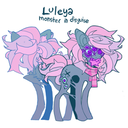 Size: 851x851 | Tagged: safe, artist:cutesykill, imported from derpibooru, oc, oc only, oc:luleya, goo, monster pony, pegasus, pony, big ears, blue sclera, clothes, colored eyelashes, colored sclera, colored teeth, eyes do not belong there, gray coat, long legs, multiple eyes, no catchlights, pegasus oc, pink mane, pink scarf, pink tail, pink teeth, ponytail, purple eyelashes, purple eyes, reference sheet, scarf, shapeshifter, sharp teeth, simple background, slender, solo, spiky mane, spiky tail, standing, striped scarf, tail, teeth, text, thin, three quarter view, tied mane, white background, wings, x eyes