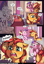 Size: 3541x5121 | Tagged: safe, artist:baban illustration, artist:lummh, imported from derpibooru, princess cadance, princess celestia, sunset shimmer, alicorn, pony, unicorn, comic:the princess of love, absurd resolution, canterlot castle interior, comic, cute, cutedance, emanata, female, filly, filly sunset shimmer, foal, glowing, horn, looking at each other, looking at someone, magic, mare, patreon, patreon logo, sad, speech bubble, statue, teen princess cadance, telekinesis, younger, younger sunset