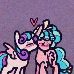 Size: 2048x2048 | Tagged: safe, artist:dummbeez, imported from derpibooru, cozy glow, princess flurry heart, alicorn, pegasus, pony, blushing, bow, cheek kiss, cozyheart, duo, duo female, eyes closed, female, hair bow, heart, kissing, lesbian, mare, older, older cozy glow, older flurry heart, shipping