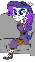 Size: 999x1760 | Tagged: safe, artist:atmu, imported from derpibooru, rarity, human, equestria girls, bondage, bound and gagged, cloth gag, couch, damsel in distress, gag, help me, mannequin, over the nose gag, ropes, tied hair, tied to chair