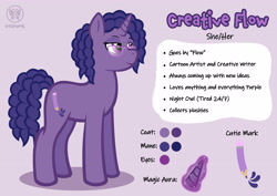 Size: 3600x2550 | Tagged: safe, artist:artisticwerks, imported from derpibooru, oc, oc only, oc:creative flow, pony, unicorn, color palette, female, glasses, horn, lavender background, magic, magic aura, mare, pronouns, purple eyes, reference sheet, simple background, solo, standing, unicorn oc