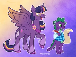 Size: 3136x2378 | Tagged: safe, artist:artisticwerks, imported from derpibooru, spike, twilight sparkle, alicorn, pony, alternate design, clothes, quill, scroll, twilight sparkle (alicorn)