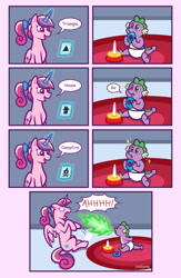 Size: 2550x3900 | Tagged: safe, artist:artisticwerks, imported from derpibooru, princess cadance, spike, pony, baby, baby spike, comic, fire, fire breath, jack-jack attack, magic, reference, teen princess cadance, the incredibles, younger