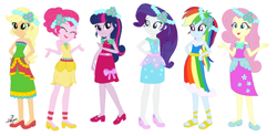 Size: 1256x620 | Tagged: safe, artist:machakar52, artist:selenaede, imported from derpibooru, applejack, fluttershy, pinkie pie, rainbow dash, rarity, twilight sparkle, alicorn, human, equestria girls, base used, blue dress, bridesmaid, bridesmaid dress, bridesmaids, clothes, dress, eyes closed, green dress, hand on hip, high heels, looking at you, mane six, open mouth, open smile, pink dress, rainbow dress, shoes, simple background, smiling, strapless, twilight sparkle (alicorn), white background, yellow dress