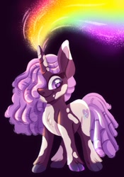 Size: 1431x2048 | Tagged: safe, artist:carouselunique, idw, imported from derpibooru, pony, unicorn, spoiler:comic, spoiler:g5comic14, dreadlocks, female, filly, foal, g5, hair over one eye, horn, magic, rainbow, smiling, solo, tail, unshorn fetlocks, violette rainbow, vitiligo