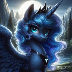 Size: 1024x1024 | Tagged: safe, imported from ponybooru, princess luna, alicorn, pony, ai content, ai generated, bing, female, fluffy, jewelry, looking at you, mare, moon, night, regalia, solo, tree