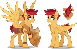 Size: 4000x2586 | Tagged: safe, artist:orin331, imported from derpibooru, flash magnus, pegasus, pony, armor, eyebrows, implied opaline arcana, large wings, male, netitus, raised hoof, redesign, shield, simple background, stallion, tall, transparent background, wings