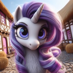 Size: 1024x1024 | Tagged: safe, imported from ponybooru, rarity, pony, unicorn, ai content, ai generated, bing, bust, female, fluffy, mare, ponyville, solo