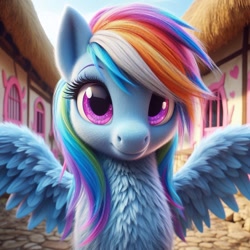 Size: 1024x1024 | Tagged: safe, imported from ponybooru, rainbow dash, pegasus, pony, ai content, ai generated, bing, bust, chest fluff, female, fluffy, mare, ponyville, solo, spread wings, wings