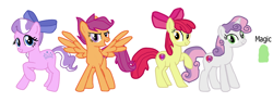 Size: 1600x600 | Tagged: safe, artist:princessstar022, imported from derpibooru, apple bloom, diamond tiara, scootaloo, sweetie belle, pegasus, pony, unicorn, base used, bow, cutie mark crusaders, female, group, mare, older, older apple bloom, older diamond tiara, older scootaloo, older sweetie belle, simple background, white background