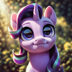 Size: 1024x1024 | Tagged: safe, imported from derpibooru, starlight glimmer, pony, unicorn, ai content, ai generated, female, generator:purplesmart.ai, generator:stable diffusion, looking up, mare, prompter:maresforever, smiling