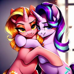 Size: 1024x1024 | Tagged: safe, imported from derpibooru, luster dawn, starlight glimmer, pony, unicorn, ai content, ai generated, bedroom eyes, female, generator:purplesmart.ai, generator:stable diffusion, hug, looking at you, luster dawn is starlight's and sunburst's daughter, mother and child, mother and daughter, offspring, parent:starlight glimmer, parent:sunburst, parents:starburst, prompter:maresforever, smiling, smiling at you