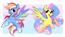 Size: 3072x1760 | Tagged: safe, artist:syrupyyy, imported from derpibooru, fluttershy, rainbow dash, pegasus, pony, cute, dashabetes, duo, duo female, female, flying, grin, lesbian pride flag, looking at each other, looking at someone, mare, markings, open mouth, pride, pride flag, redraw, shyabetes, smiling, trans female, trans fluttershy, transgender, transgender pride flag