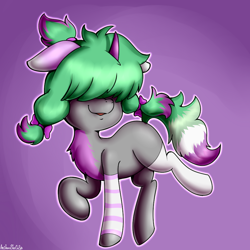 Size: 920x920 | Tagged: safe, artist:anibaruthecat, imported from twibooru, oc, unnamed oc, pony, unicorn, abstract background, clothes, commission, cute, disguise, disguised changeling, female, filly, floppy ears, image, ocbetes, pigtails, png, raised leg, smiling, socks, solo, striped socks, tail