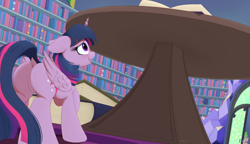 Size: 3000x1733 | Tagged: safe, artist:arcane-thunder, imported from derpibooru, spike, twilight sparkle, alicorn, dragon, pony, book, butt, dock, embarrassed, female, high res, library, male, mare, micro, plot, tail, twibutt, twilight's castle, twilight's castle library