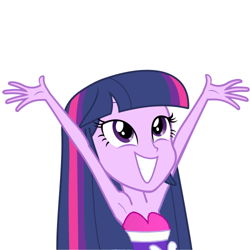 Size: 500x500 | Tagged: safe, anonymous editor, edit, edited screencap, imported from derpibooru, screencap, twilight sparkle, human, equestria girls, armpits, arms in the air, beautiful, beautiful eyes, beautiful hair, beautisexy, big grin, big smile, clothes, cute, dress, excited, excitement, grin, happy, pretty, sexy, simple background, sleeveless, sleeveless dress, smiling, solo, strapless, strapless dress, white background