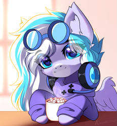 Size: 1165x1262 | Tagged: safe, artist:airiniblock, imported from derpibooru, oc, oc only, oc:skydrive, pegasus, pony, chocolate, clothes, commission, cute, ear fluff, food, headphones, heart, heart eyes, hot chocolate, icon, marshmallow, morning, pegasus oc, solo, wingding eyes, wings, ych result