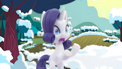 Size: 1920x1080 | Tagged: safe, edit, edited screencap, imported from derpibooru, screencap, rarity, pony, unicorn, my little pony: pony life, my little pony: stop motion short, snowball fight (short), bipedal, cute, funny, panicking, snow, solo