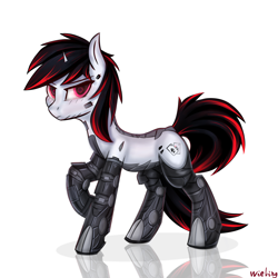 Size: 2048x2048 | Tagged: safe, artist:weiling, edit, imported from twibooru, oc, oc only, oc:blackjack, cyborg, pony, unicorn, fallout equestria, fallout equestria: project horizons, amputee, cybernetic eyes, cybernetic legs, fanfic art, horn, image, lidded eyes, looking at you, png, prosthetics, quadruple amputee, reflection, simple background, small horn, solo, white background