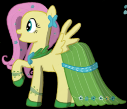 Size: 749x642 | Tagged: safe, artist:etivstitiaomnibvs, imported from derpibooru, fluttershy, pegasus, pony, black background, clothes, dress, gala dress, simple background, solo
