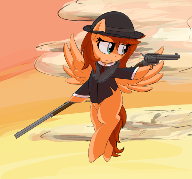 Size: 2150x2000 | Tagged: safe, artist:nonnyanon, oc, oc only, pegasus, pony, cloud, colt single action army, featured image, gun, handgun, hat, hoof hold, revolver, rifle, solo, spread wings, sunset, weapon, winchester 1873, wings