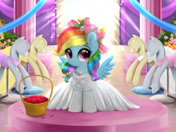 Size: 2400x1800 | Tagged: safe, artist:darksly, imported from derpibooru, rainbow dash, pegasus, pony, basket, bow, clothes, commission, cute, daaaaaaaaaaaw, dashabetes, dress, evening gloves, female, filly, filly rainbow dash, floral head wreath, flower, flower girl, flower girl dress, flower in hair, foal, gloves, jewelry, long gloves, necklace, ponyquin, rainbow dash always dresses in style, solo, weapons-grade cute, younger