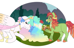 Size: 4836x3114 | Tagged: safe, artist:frostcorpsclub, imported from derpibooru, princess celestia, tree hugger, alicorn, earth pony, pony, alternate universe, background, bedroom eyes, blushing, bowing, chest fluff, colored wings, crown, design, double chin, flower, forest, glowing, glowing horn, gradient wings, healing, hoof fluff, horn, jewelry, magic, multicolored hair, nature, object, older, older celestia, open mouth, redesign, regalia, rose, tree, wings