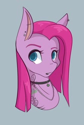 Size: 1365x2048 | Tagged: safe, artist:mscolorsplash, imported from derpibooru, pinkie pie, earth pony, pony, bust, choker, colored pupils, ear piercing, earring, eyebrow piercing, female, goth, gray background, jewelry, mare, necklace, piercing, pinkamena diane pie, shading, simple background, solo, tattoo