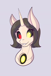 Size: 1365x2048 | Tagged: safe, artist:mscolorsplash, imported from derpibooru, oc, oc only, oc:piezo, pony, robot, robot pony, unicorn, black sclera, colored pupils, eye clipping through hair, eyebrows, eyebrows visible through hair, female, gray background, grin, gynoid, heterochromia, looking at you, mare, shading, short hair, simple background, smiling, smiling at you, solo