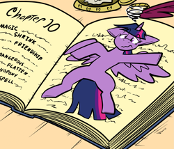 Size: 2073x1777 | Tagged: safe, artist:virmir, imported from derpibooru, twilight sparkle, alicorn, pony, book, colored, commission, desktop, dizzy, flat colors, flattened, frown, shrinking, signature, spell gone wrong, spellbook, twilight sparkle (alicorn), wavy mouth