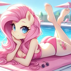 Size: 1024x1024 | Tagged: prompter needed, source needed, safe, imported from derpibooru, fluttershy, anthro, pegasus, adorasexy, ai content, ai generated, ass, bikini, blushing, breasts, butt, cleavage, clothes, cute, feet, flutterbutt, generator:bing image creator, generator:dall-e 3, hand on head, legs in air, looking at you, lying down, no tail, outdoors, pink bikini, prone, sexy, shyabetes, smiling, smiling at you, solo, stupid sexy fluttershy, sunglasses, swimming pool, swimsuit, toes, towel, wingless, wingless anthro, wrong cutie mark