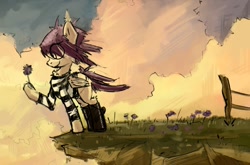 Size: 973x642 | Tagged: safe, artist:uteuk, imported from derpibooru, oc, oc only, bat pony, pony, cliff, clothes, flower, gorillaz, noodle, ponified, sky, solo, this ended in tears