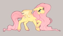 Size: 1144x665 | Tagged: safe, artist:sparkplatinum, imported from derpibooru, fluttershy, pegasus, pony, blushing, female, floppy ears, gray background, looking at you, mare, raised hoof, simple background, smiling, smiling at you, solo