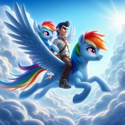 Size: 1024x1024 | Tagged: safe, imported from derpibooru, rainbow dash, soarin', human, pony, ai content, ai generated, clothes, cloud, cloudy, doppelganger, generator:bing image creator, prompter:*rainbow dash*, sky, smiling, spread wings, sun, wings