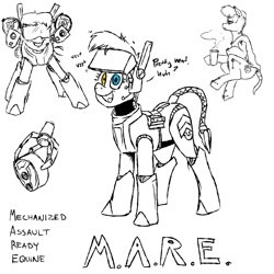 Size: 1200x1200 | Tagged: safe, artist:pony quarantine, imported from derpibooru, oc, oc only, pony, black and white, coffee cup, cup, dialogue, female, grayscale, heterochromia, hoof hold, mare, monochrome, open mouth, open smile, partial color, powered exoskeleton, simple background, sitting, smiling, solo, standing, text, weapon, white background