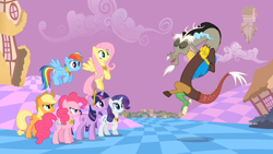 Size: 1280x720 | Tagged: safe, imported from derpibooru, screencap, applejack, discord, fluttershy, pinkie pie, rainbow dash, rarity, twilight sparkle, draconequus, the return of harmony, mocking