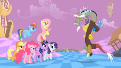 Size: 1280x720 | Tagged: safe, imported from derpibooru, screencap, applejack, discord, fluttershy, pinkie pie, rainbow dash, rarity, twilight sparkle, draconequus, the return of harmony, hand on hip