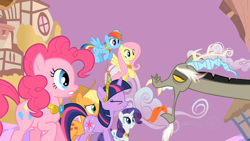 Size: 1280x720 | Tagged: safe, imported from derpibooru, screencap, applejack, discord, fluttershy, pinkie pie, rainbow dash, rarity, twilight sparkle, draconequus, the return of harmony