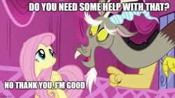 Size: 888x499 | Tagged: safe, imported from derpibooru, screencap, discord, fluttershy, draconequus, pegasus, pony, what about discord?, caption, imgflip, pointing, smiling, text