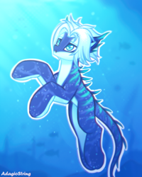 Size: 2000x2500 | Tagged: safe, artist:adagiostring, imported from derpibooru, oc, oc only, fish, merpony, pony, :o, bubble, clothes, coat markings, crepuscular rays, cute, dorsal fin, fin, fins, fish tail, flowing mane, looking up, male, ocean, open mouth, pale belly, scales, seaweed, simple background, solo, spikes, stallion, sunlight, swimming, tail, underwater, water