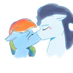 Size: 750x750 | Tagged: safe, artist:milkeal, imported from ponybooru, rainbow dash, soarin', pegasus, pony, female, kiss on the lips, kissing, male, mare, shipping, soarindash, stallion, straight