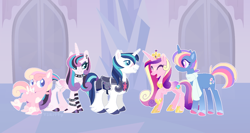 Size: 1524x808 | Tagged: safe, artist:selenaede, artist:y2kitty, imported from derpibooru, princess cadance, princess flurry heart, shining armor, oc, oc:clairvoyance, oc:cupid arrow, alicorn, pegasus, pony, unicorn, base used, colt, concave belly, crown, crystal castle, eyes closed, female, foal, goth, hoof shoes, husband and wife, jewelry, male, mare, offspring, older, older flurry heart, older princess cadance, older shining armor, parent:princess cadance, parent:shining armor, parents:shiningcadance, peytral, physique difference, princess emo heart, princess shoes, regalia, shiningcadance, shipping, slender, smiling, stallion, straight, thin