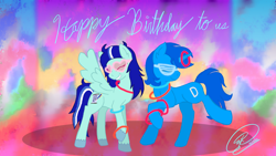 Size: 3840x2160 | Tagged: safe, artist:iamaveryrealperson, imported from derpibooru, oc, oc only, oc:"d", oc:pristine azure, pegasus, pony, unicorn, 2022, base used, birthday, cursive writing, dancing, date (time), duo, eyes closed, glow rings, party, raised hoof, shutter shades, signature, smiling, spread wings, sunglasses, teeth, text, tie dye, unshorn fetlocks, wings