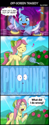 Size: 800x2020 | Tagged: safe, artist:uotapo, imported from derpibooru, earth pony, pony, unicorn, spoiler:g5, spoiler:my little pony: tell your tale, spoiler:tyts02e05, 4 panel comic, comic, eyes closed, flower, g5, misty brightdawn, misty-rious new room, my little pony: tell your tale, open mouth, posey bloom, posey can't catch a break