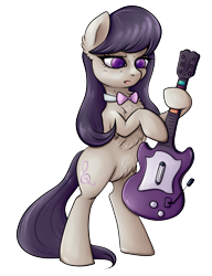 Size: 1843x2394 | Tagged: safe, artist:coco-drillo, imported from derpibooru, octavia melody, earth pony, pony, belly, belly fluff, bipedal, bowtie, chest fluff, confused, ear fluff, female, guitar, mare, musical instrument, octavia is not amused, rock band, simple background, solo, standing, transparent background, unamused