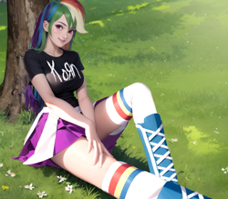 Size: 1024x896 | Tagged: safe, imported from derpibooru, rainbow dash, human, equestria girls, ai content, ai generated, background, breasts, busty rainbow dash, humanized, korn, looking at you, prompter:hqdmusthave, rock merch, sitting